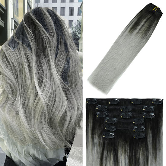 Picture of WindTouch Clip in Hair Extensions Natural Black Fading to Gray Hair Extensions 70g 7pcs 12 inch Hair Extensions Straight Hair Extensions clip in hair extensions black women