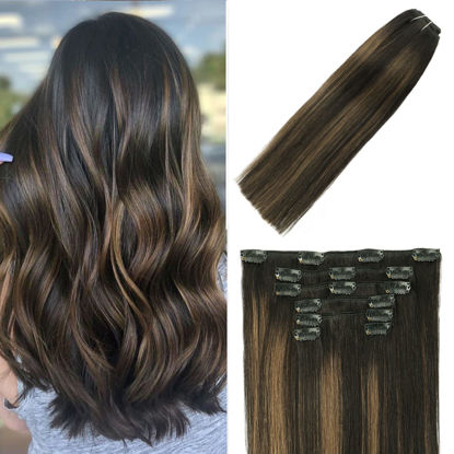 Picture of Clip in Hair Extensions Human Hair Balayage Natural Black to Chestnut Brown Highlights for Black Hair 12Inch 70g #1BT6P1B 7PCS