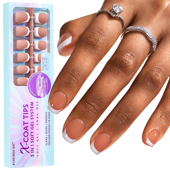 Picture of French Tip Gel Nail Tips XS Short Square - BTArtboxnails 300pcs Brown Extra Short Square Soft Gel Nail Tips, Unltra Fit French Tip Press On Nails, 3 in 1 X-coat Tips with Pre-applied Tip Primer & Base Coat Cover, Soak Off French Tip Gel Nails Press 