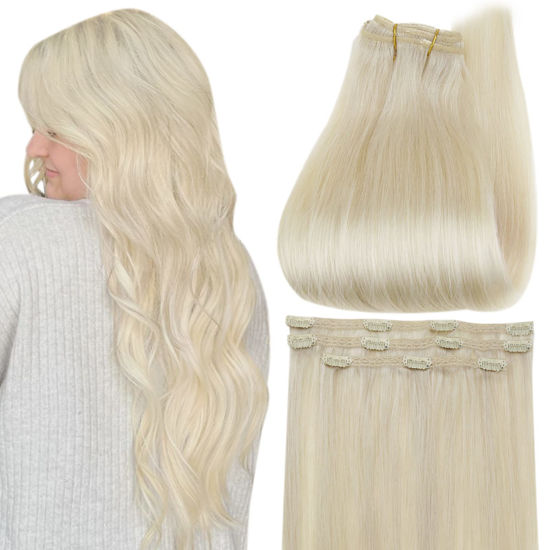 Picture of Full Shine 60 Grams Blonde Clip in Hair Extensions Human Hair 3Pcs Double Weft Hair Platinum Blonde Real Hair Clip ins for Women Invisible 14 Inch Soft Hair