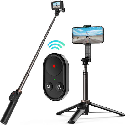 Picture of TELESIN Selfie Stick Tripod with Remote for GoPro Mini Hero 11 Hero 10 Hero 9 Heor 8 Black GoPro MAX, Aluminum Alloy Monopod Tripod Bluetooth Remote Control can be Controlled GoPro/iPhone/Android