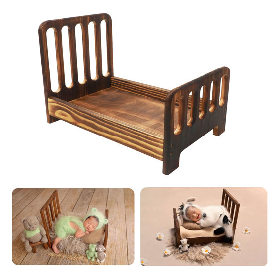 Picture of M&G House Brown Newborn Photography Props Wooden Bed Vintage Bed Baby Photo Prop Newborn Photo Bed Photography Prop Baby Photoshoot Props Baby Doll Bed Accessories Pretend Play Props Newborn Bed Prop