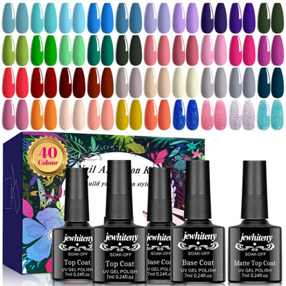 Picture of JEWHITENY 45 Pcs Gel Nail Polish Kit, Soak off Nail Lamp Gel Polish Starter Kit with 2pcs Glossy & Matte Top Coat and 2pcs Base Coat Gifts for Women