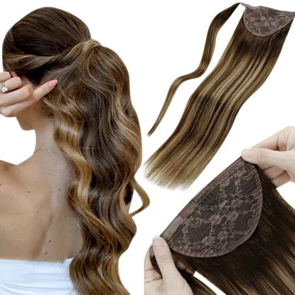 Picture of Hair Extensions Ponytail Real Human Hair 12 inch Balayage Ombre Brown Fading to Caramel Brown Clip in Ponytail Hair Extension Wrap Around Pony Tail One Piece 70g