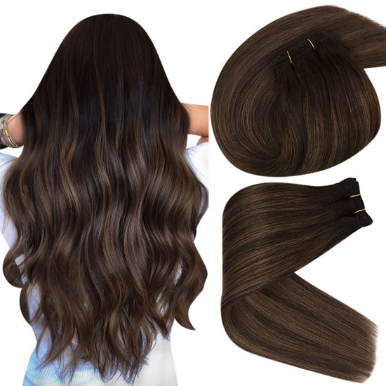 Picture of Sunny Sew in Hair Extensions Balayage Hair Extensions Sew in Dark Brown Faded to Medium Brown Sew in Human Hair Extensions Double Weft Hair Extensions Perfect for Short Hair 12inch 70g