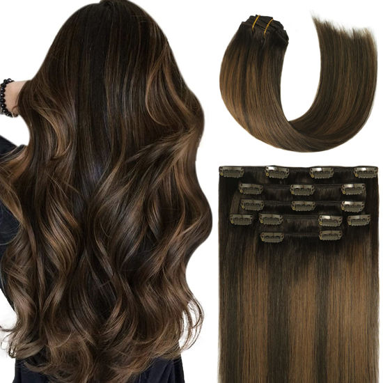 Picture of Clip In Hair Extensions Real Human Hair Dark Brown to Chestnut Brown 70g 7pcs 12inch Short Hair 100% Remy Human Hair Gift For Women Seamless Clips Soft Hair No Tangles (12"#2T6P2)