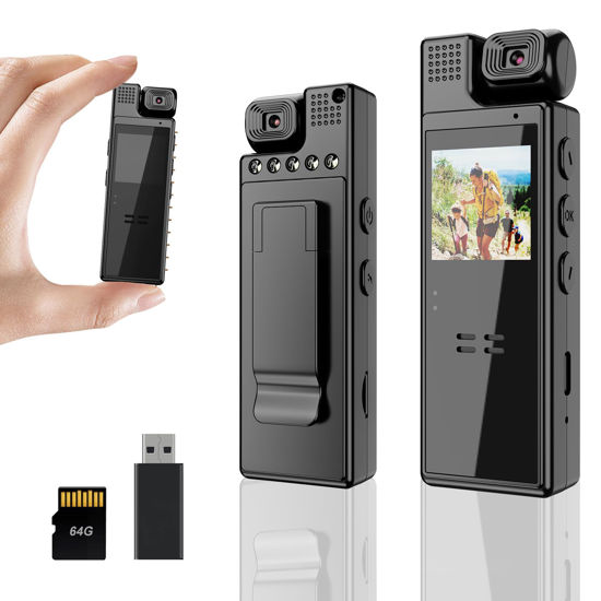 Picture of Mini Body Camera 1080P Portable Small Body Worn Cam Wearable Pocket Video Recorder with 180° Rotatable Lens, 1.3" LCD, Night Vision for Security Guard, Law Enforcement, Built-in 64G Memory Card