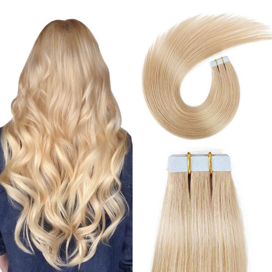 Picture of SUYYA Tape in Hair Extensions Human Hair 40g/pack 20pcs Straight Seamless Skin Weft Tape in Real Human Hair Extensions(14inch 16# Light Blonde)