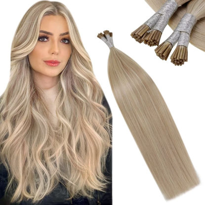 Picture of LAAVOO I Tip Real Human Hair Extensions 14Inch 40g Ash Blonde Highlight Bleach Blonde Itip Hair Extensions Human Hair Pre Bonded Hair Extensions 50strands