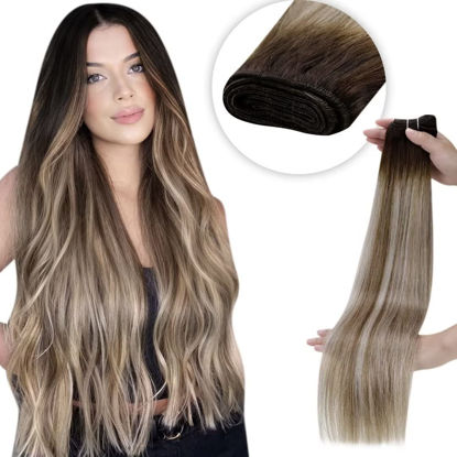 Picture of LAAVOO Ombre Brown weft hair extensions human hair Balayage Dark Brown to Light Brown Mix Light Blonde 12inch 80g Sew in Hair Extensions Real Human Hair Ombre for Short Hair