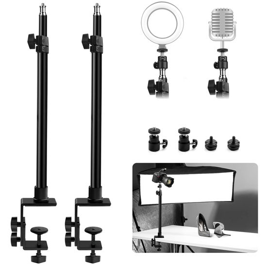 Picture of Obeamiu 2 Pack C Clamp Desk Mount Light Stand with 1/4" Ball Head and Hot Shoe Mount Adapter, 15.5-25.5 Inch Adjustable Tabletop Bracket Stand for DSLR Camera, Ring Light, Video Monitor, Microphone