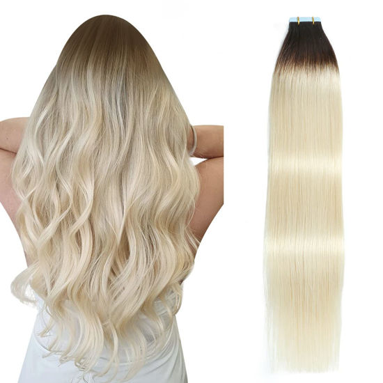 Picture of SUYYA Tape in Hair Extensions Human Hair Ombre Darkest Brown to Platinum Blonde 14 Inch 40g/pack 20pcs Straight Seamless Skin Weft Tape in Real Human Hair Extensions(14inch #T2/60)