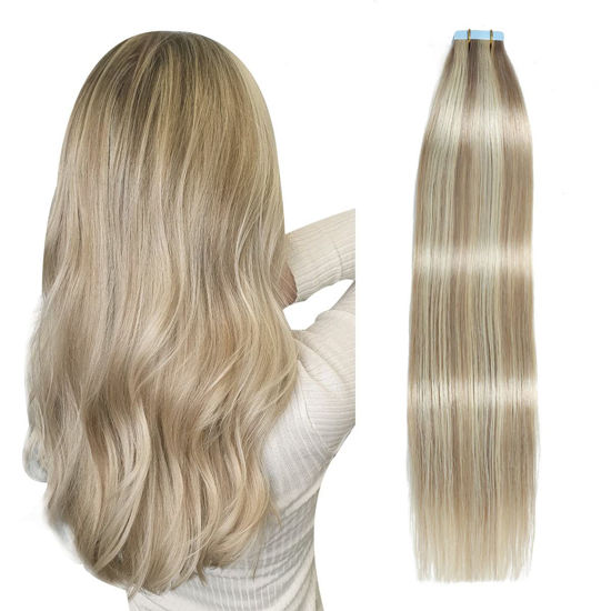 Picture of SUYYA Tape in Hair Extensions Human Hair Ash Blonde Highlighted Bleach Blonde 14 Inch 40g/pack 20pcs Straight Seamless Skin Weft Tape in Real Human Hair Extensions(14inch #P18/613)