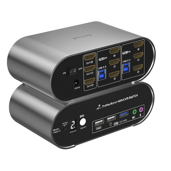 Picture of Terived 2 Port HDMI KVM Switch Triple Monitor with Aluminum Alloy Shell and Digital Display, Two Computers Three Monitors 4K@60Hz USB 3.0 Audio/Microphone, Support hotkey, EDID, HDR10 with Cables