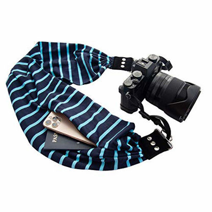 Picture of Capturing Couture Scarf Camera Strap with Hidden Pocket, Stripe Navy/Aqua - Zipper Pocket Holds Phone, Keys, Cash and Spare Memory Card, Pocket Large Enough for Smartphone, Quality USA Made