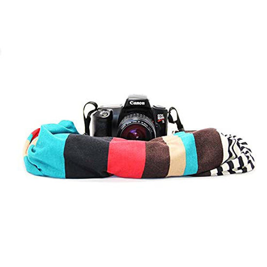 Picture of Capturing Couture Scarf Camera Strap with Hidden Pocket, Retro Stripe - Zipper Pocket Holds Your Phone, Keys, Cash and Spare Memory Card, Pocket Size: 6.5" Opening x 4" Deep, Stretch Material