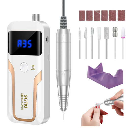 Picture of Portable Nail Drill Professional 35000 RPM, Rechargeable Electric Nail File Machine E File for Acrylic Nails Gel Polishing Removing, Cordless Efile with Bits Kit for Manicure Salon Home, White