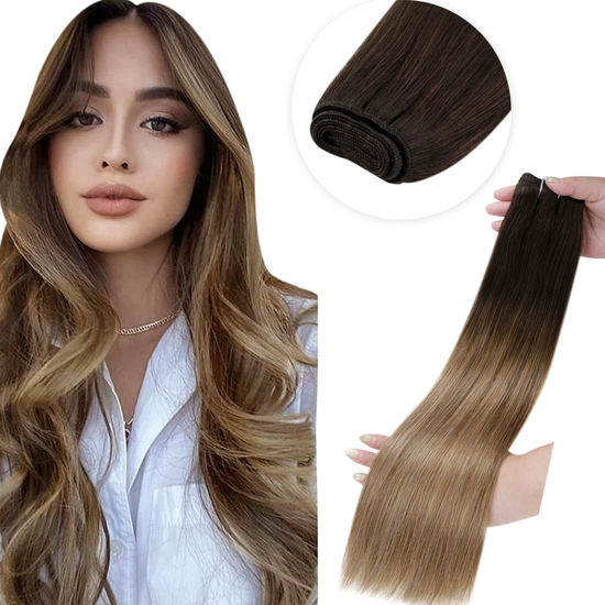 Picture of LAAVOO Balayage Weft Hair Extensions Human Hair Dark Brown Ombre Ash Blonde Mix Brown Weave Hair Extensions Bundles Sew in Remy Hair Extensions 12inch 80g