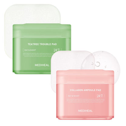 Picture of MEDIHEAL Toner Pad Set Collagen Teatree - Square Cotton Facial Toner Pads Collagen & Teatree - Skin Firming & Restore Elasticity & Calm Sensitive & Acne Prone Skin 200 Pads