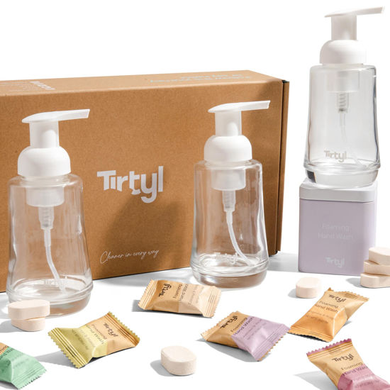 Picture of Tirtyl Hand Soap Triple Kit - 3 Glass Foaming Dispensers + Storage Tin + 12 Tablet Refills - Compostable Packaging - Variety Fragrances - 96 fl oz total (makes 12x 8 fl oz bottles of soap)