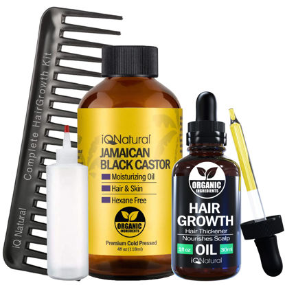Picture of IQ Natural Jamaican Black Castor Oil for Hair Growth and Skin Conditioning, 100% Pure Cold Pressed, Scalp, Nail and Hair Oil - (1 COMPLETE KIT))