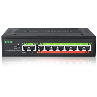 Picture of TEROW PoE Switch, 10 Port Gigabit Ethernet Network Switch( 8 PoE+ Port with 2 Extra Uplink Port), 802.3af/at Compliant | Plug & Play | Shielded Ports | Traffic Optimization | Fanless Quiet