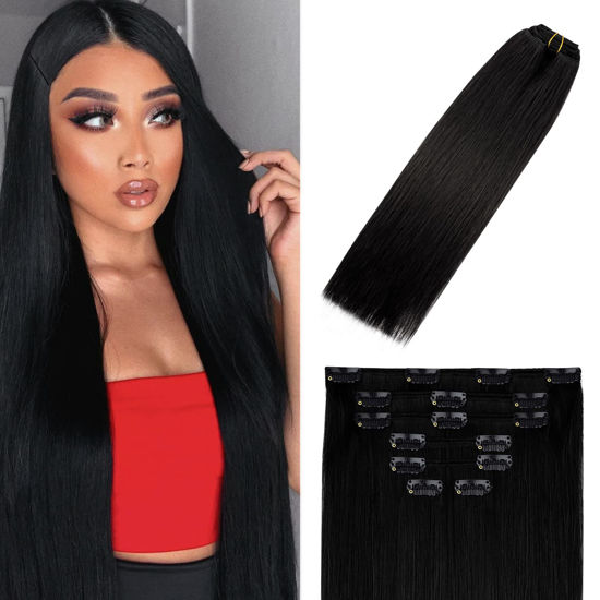 Picture of Clip In Hair Extensions Human Hair Jet Black 18Inch 70g #1 7PCS Solid Black Hair Extensions for women for Brown Hair Remy Hair