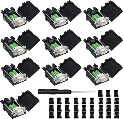 Picture of YIOVVOM DB9 Breakout Connector to Wiring Terminal RS232 D-SUB Male Serial Adapters Port Breakout Board Solder-Free Module with case(10 PCS Male Adapter White)
