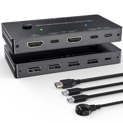 Picture of USB C+HDMI KVM Switch 4K@60Hz 2K@120Hz,Camgeet KVM Switch for 2 Computers Share 1 Monitor and 4 USB Devices,with 100 W Power Delivery,Wired Remote and 3 Cables Included