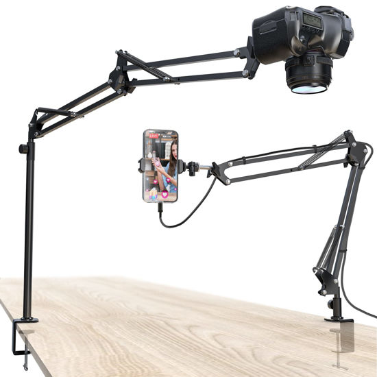 Picture of CACENCAN Overhead Camera Mount, 5lb Horizontal Load-Bearing, 360° Adjustable Camera Stand for Desk, Flexible Camera Arm Desk Mount, with Phone Clamp, Tabletop Mount for DSLR Camera/Webcam/Microphone