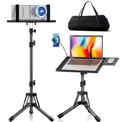 Picture of Projector Stand Adjustable Height 20" to 61", Foldable Laptop Tripod Stand with Mouse Tray & Phone Holder, Portable Laptop Floor Stand for Office, Home, Stage, Studio, Podium, DJ Racks Holder Mount