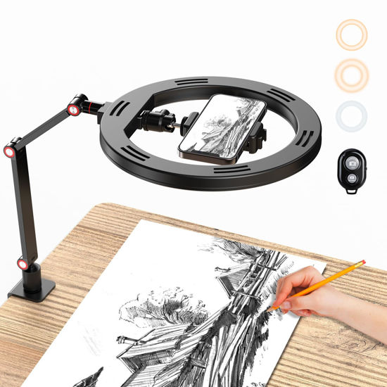 Picture of 10" Ring Light with Stand and Phone Holder, APEXEL USB Ring Light for Desk with Remote Control, Overhead Camera Mount with Adjustable Arm and C-Clamp for Photography/Makeup/Live Stream Video/YouTube