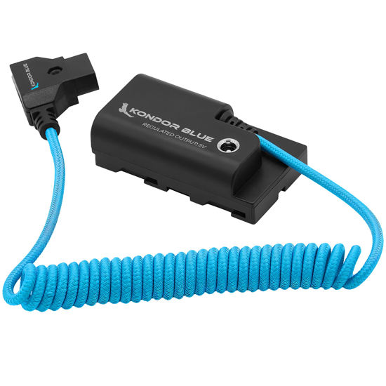 Picture of KONDOR BLUE Braided Coiled D-Tap to Dummy Battery NPF Cable Compatible with Sony L-Series SmallHD Monitors LED Lights and More.