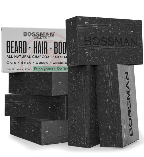 Picture of 6 Pack Bossman Mens Bar Soap 4-in-1 Natural Organic Beard Wash, Shampoo, Body Wash, Shaving and Bath Soap - Essential Beard Care, Scent- Eucalyptus and Tea Tree