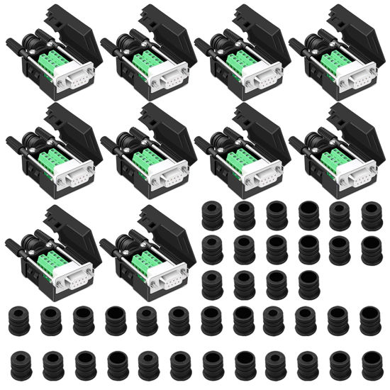 Picture of ANMBEST 10PCS DB9 Female Breakout Connector,DB9 Solderless RS232 D-SUB Serial to 9-pin Port Terminal Adapter Connector Breakout Board with Case Long Bolts Tail Pipe