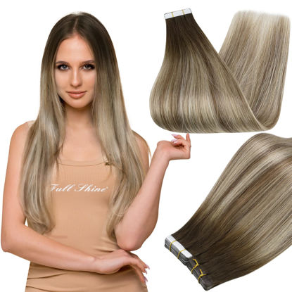 Picture of Full Shine Tape in Hair Extensions Human Hair 14 Inch Balayage 3 Darker Brown Fading to 8 Light Brown Highlights 22 Medium Blonde Tape in Human Hair Extensions 20 Pcs 50 Gram Skin Weft Tape in Extensions