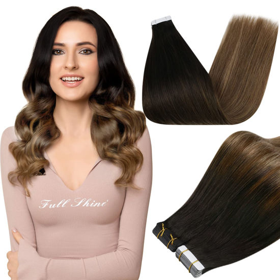 Picture of Full Shine Balayage Tape in Human Hair Extensions 22 Inch Tape in Extensions Real Human Hair 20 Pcs 1b/6/27 Off Black To Chestnut Brown Mixed Honey Blonde Seamless Extensions Tape in 50Gram