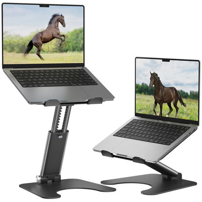 Picture of Rottay Collapsible Laptop Stand, Adjustable Height up to 16", Ergonomic Laptop Riser with 2 Angle Adjustment Buttons, Aluminum Laptop Holder Computer Stand Fits MacBook, Laptops Tablets 10-16", Black