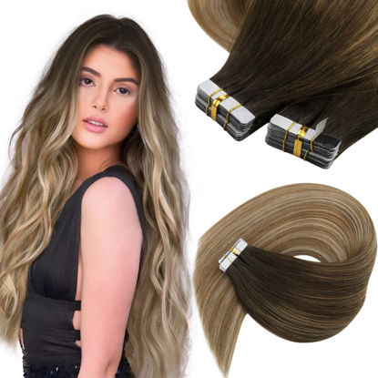 Picture of Sunny Tape in Hair Extensions Brown Balayage Remy Tape in Straight Hair Extensions Dark Brown Ombre Light Brown Mix Blonde Tape in Human Hair Extensions Brown Silky Hair 14inch 50g 20pcs