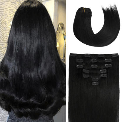 Picture of Honsoo Clip In Hair Extensions Real Human Hair Jet Black 18in 70g 7pcs Vrigin Hair 9a Hair Natural Hair (18"#1)