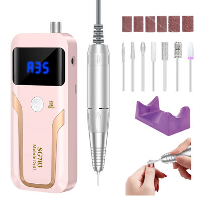 Picture of Portable Nail Drill Professional 35000 RPM, Rechargeable Electric Nail File Machine E File for Acrylic Nails Gel Polishing Removing, Cordless Efile with Bits Kit for Manicure Salon Home, Pink