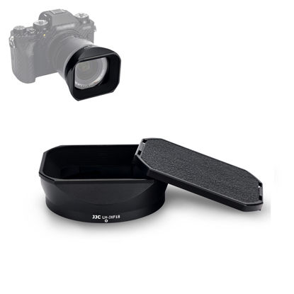 Picture of JJC Metal Square Lens Hood for Fujifilm Fuji Fujinon XF 18mm f/1.4 R LM WR Lens Replaces Fujifilm LH-XF18 Lens Hood with a Hood Cap on Camera X-T4 X-T3 X-S10 X-T30 X-T20