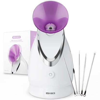 Picture of Facial Steamer EZBASICS Ionic Face Steamer for Home Facial, Warm Mist Humidifier Atomizer for Face Sauna Spa Sinuses Moisturizing, Unclogs Pores, Bonus Stainless Steel Skin Kit(Purple)