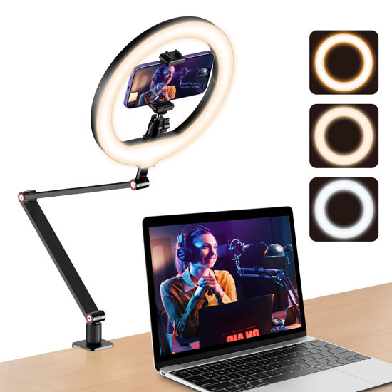 Picture of USB 10' Ring Light for Desk with Stand and Phone Holder, Ring Light with Overhead Camera Mount and Adjustable Desk Arm Stand for Photography,Makeup, Zoom Calls, YouTube Videos