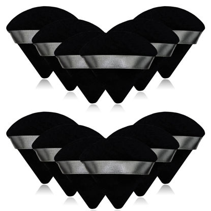 Picture of 12 Pieces Black Cosmetic Powder Puff,2.76 inch Portable Soft Sponge Setting Face Puffs,Triangle Velvet Powder Puff with Ribbon Band Handle for Loose Powder Body Powder Makeup Tool