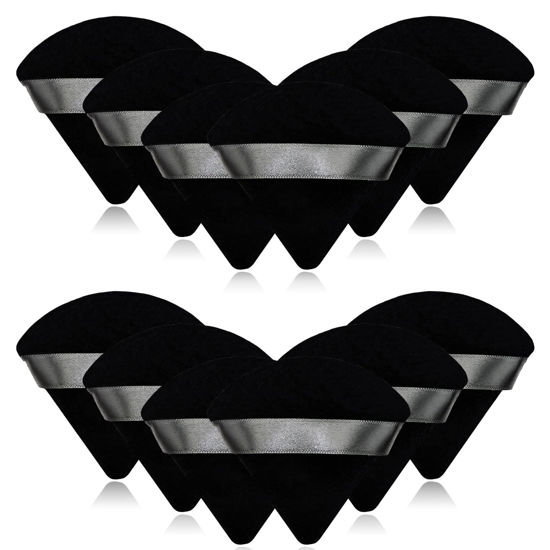 Picture of 12 Pieces Black Cosmetic Powder Puff,2.76 inch Portable Soft Sponge Setting Face Puffs,Triangle Velvet Powder Puff with Ribbon Band Handle for Loose Powder Body Powder Makeup Tool