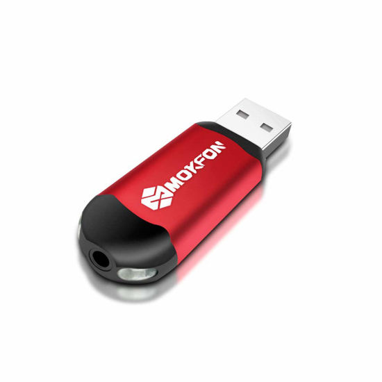 Picture of MOKFON External Sound Cards USB to 3.5mm Intelligence Audio Adapter with 3.5mm Speaker and Earphone and Microphone jac for PC,Laptop,Switch,PS4.Support Windows,Mac,Linux,etc.Plug and Play (Red)