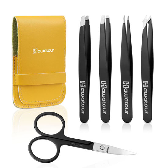 Picture of Tweezers Set, 4Pcs Eyebrows Tweezers and a Pair of Scissor with Leather Case for Women and Men, Great Precision for Eyebrow, Ingrown Hair, Splinter, Facial Hair Removal By HAWATOUR, Black