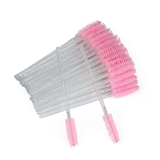 Picture of G2PLUS 100PCS Disposable Mascara Brushes, Crystal Lash Brush Makeup Kit, Adjustable Eyelash Spoolies for Eyelash Extensions, Eyebrow and Makeup (White + Pink)