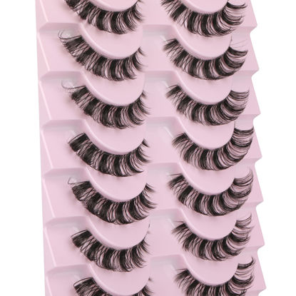 Picture of wiwoseo False Eyelashes Russian Strip Lashes Clear Band Natural Styles 3D Wispy Fluffy D Curly 15MM Cat Eyes Lashes 10 Pairs Pack